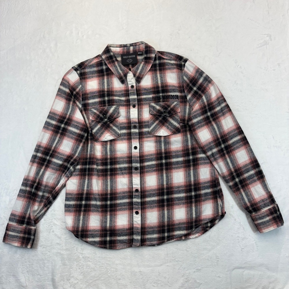 Harley-Davidson Womens Pink Plaid Embroidered Wing Back Flannel Shirt Large